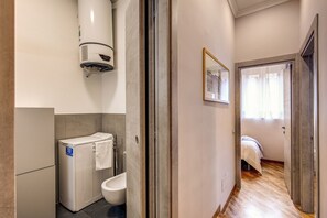 Shower, hair dryer, bidet, towels