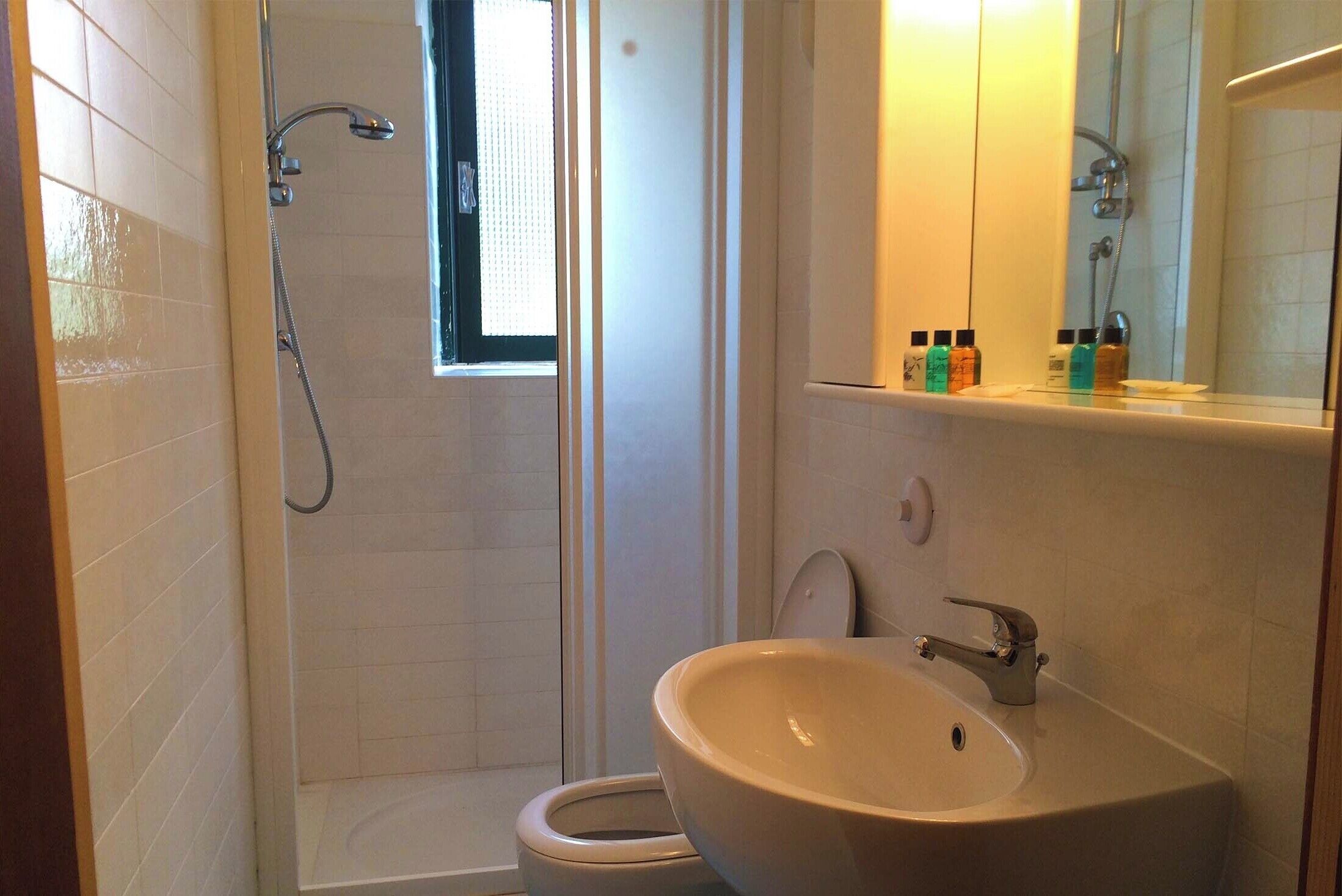 A bathroom with a shower, toilet, sink, and a mirror above the sink.