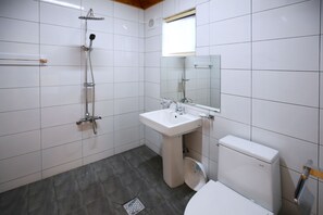 Un baño con ducha, lavabo, inodoro y ventana.