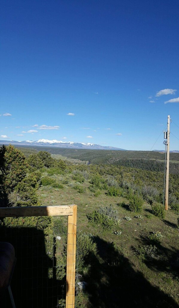 A view from a wooden deck overlooking a forested landscape with distant snow-capped mountains.