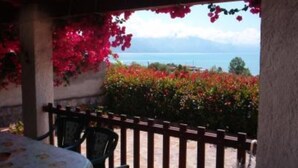 Un espacio al aire libre con techo, con mesa y sillas, vista al mar y plantas con flores.