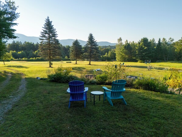 A grassy outdoor area with two blue Adirondack chairs and a small table, surrounded by trees and a distant mountain range.
