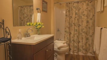 Combined shower/tub, hair dryer, towels