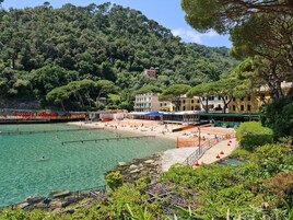 A coastal area with a beach, clear water, and buildings in the background.
