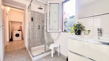 Une salle de bain moderne avec une douche en verre, un lavabo blanc et une plante en pot.