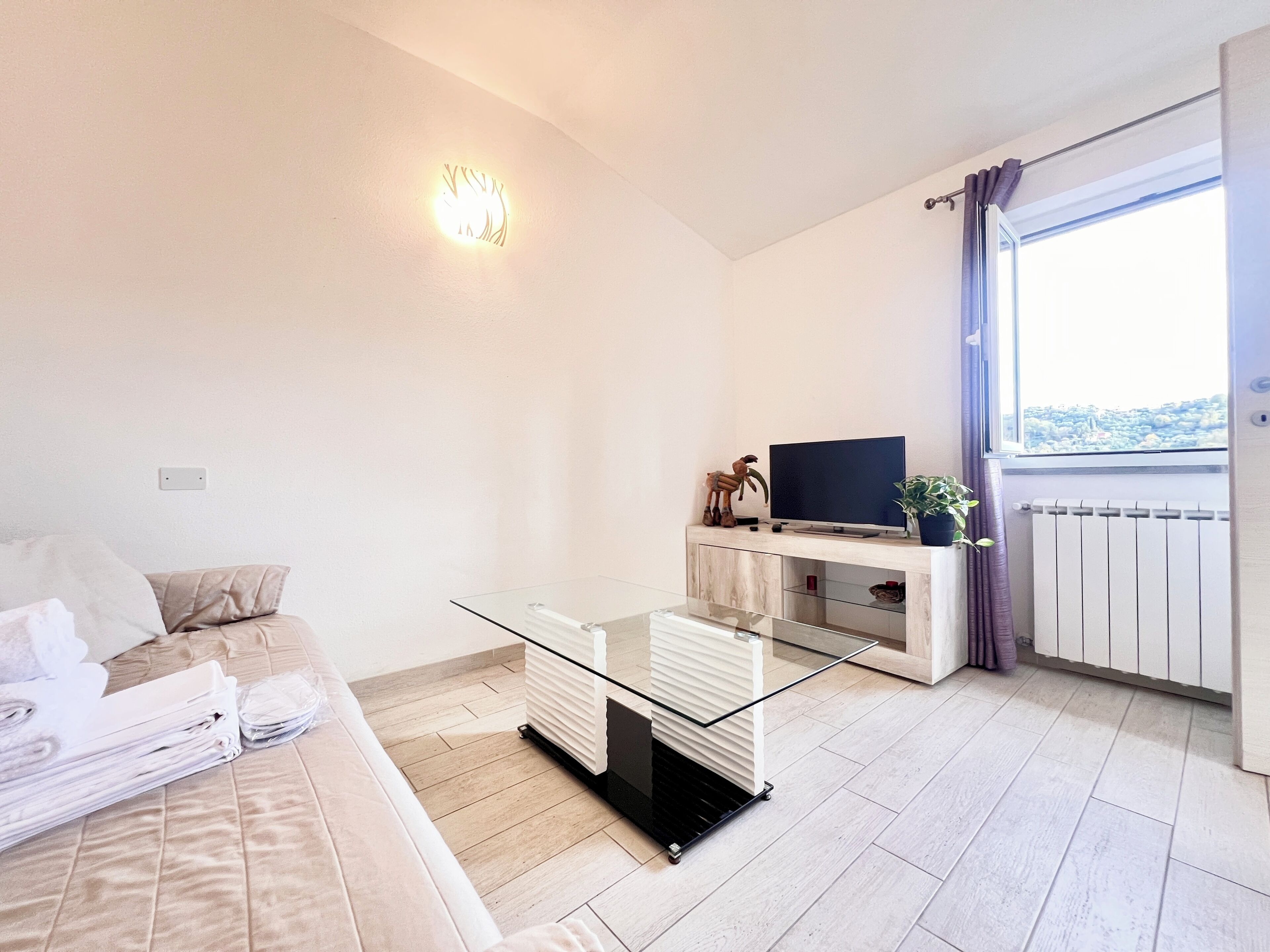 Un salon moderne avec un canapé, une table basse en verre et un téléviseur posé sur un meuble en bois.