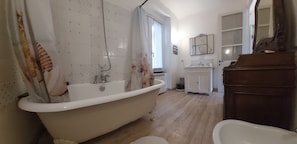 Een bad/douchecombinatie, een haardroger, een bidet, handdoeken