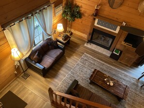 Smart TV, fireplace, DVD player, books