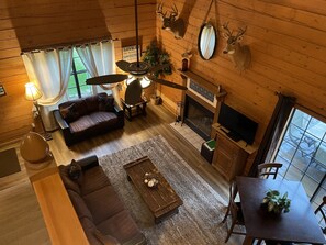 Smart TV, fireplace, DVD player, books