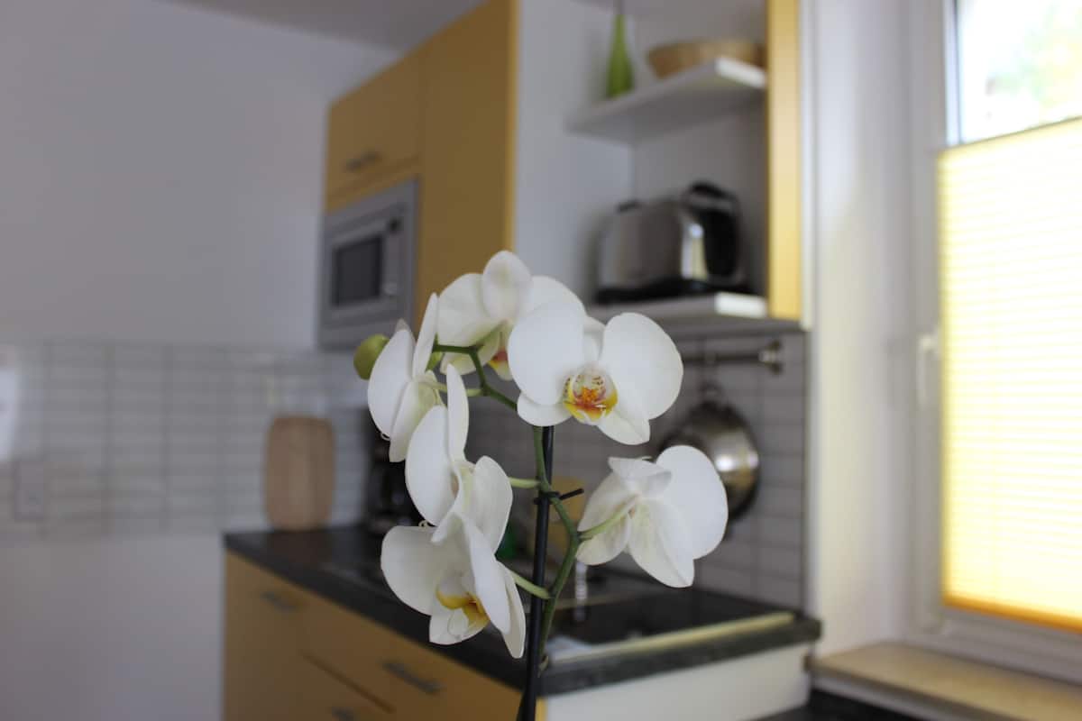 A kitchen with white cabinets, a microwave, and a window with blinds.