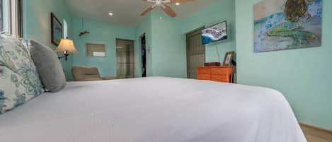 A bedroom with a bed, a ceiling fan, a television, and a painting on the wall.