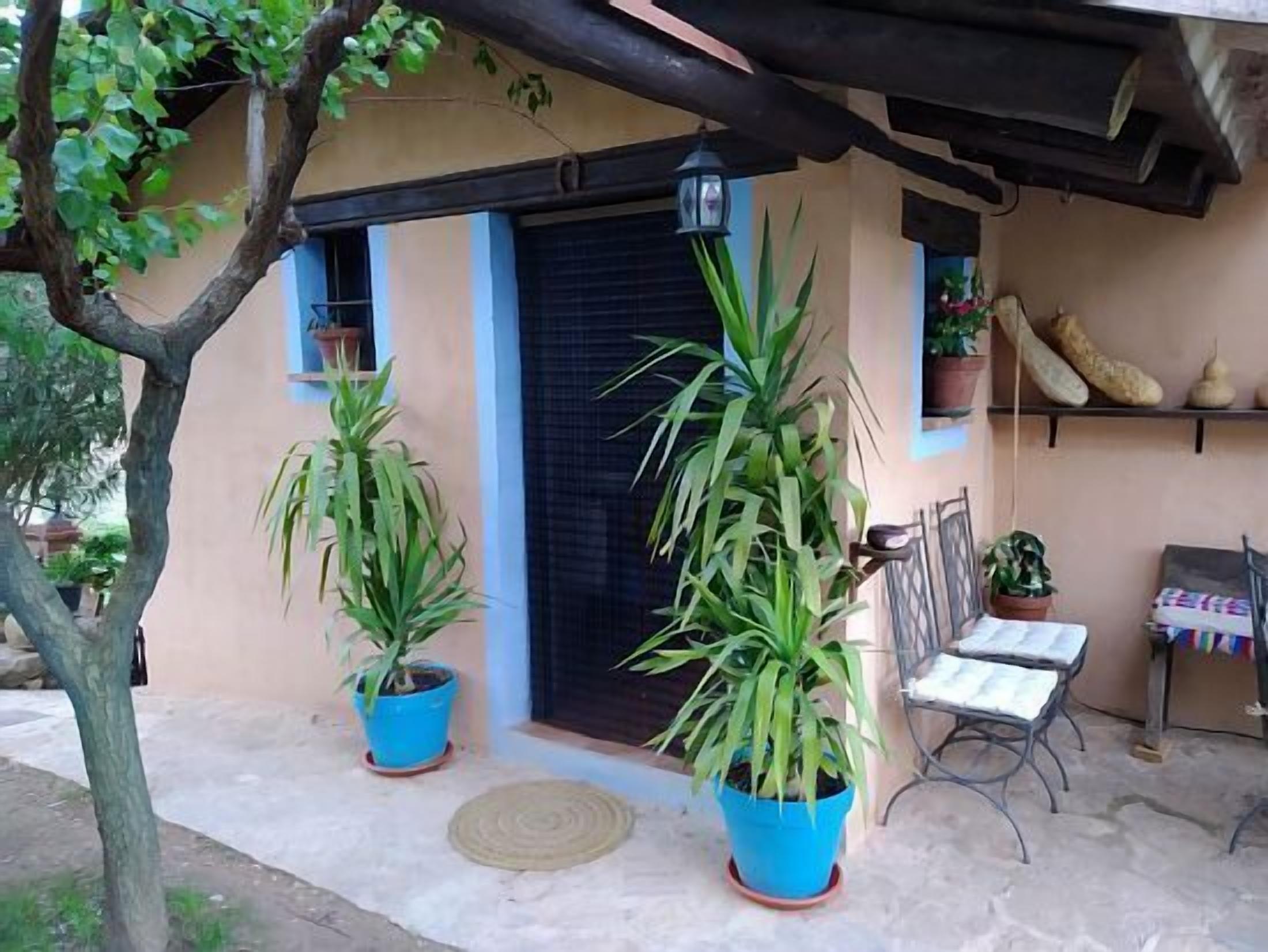 Un espace extérieur abrité, doté d’une table et de chaises, de plantes en pot et d’une porte dont le cadre est bleu.