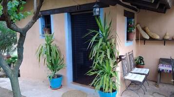 Un espace extérieur abrité, doté d’une table et de chaises, de plantes en pot et d’une porte dont le cadre est bleu.