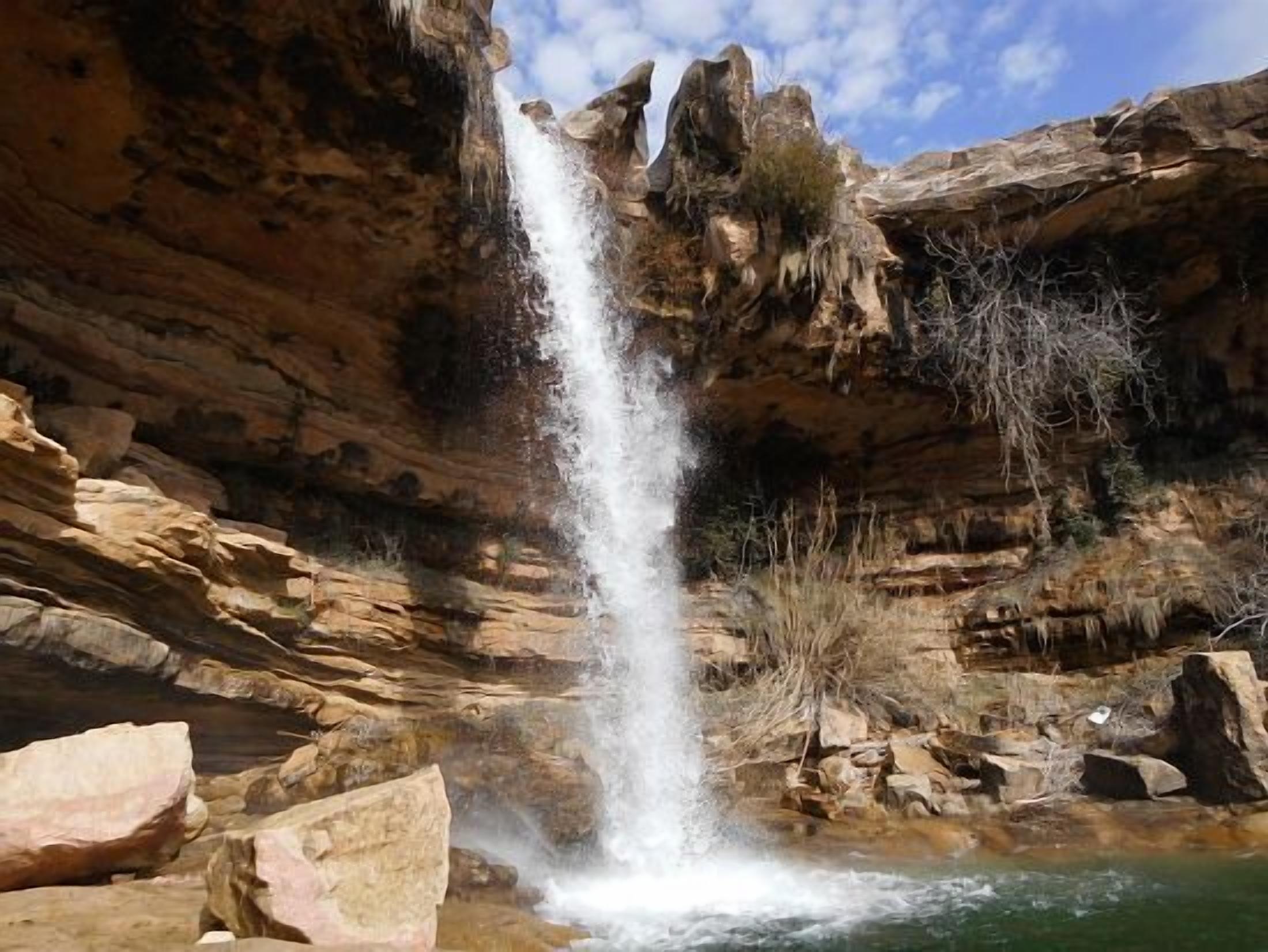 Ein Wasserfall stürzt über eine Felswand in einen Pool.