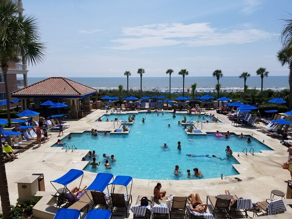 Relax by the pool surrounded by palm trees and ocean views.