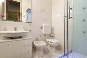 Shower, hair dryer, bidet, towels