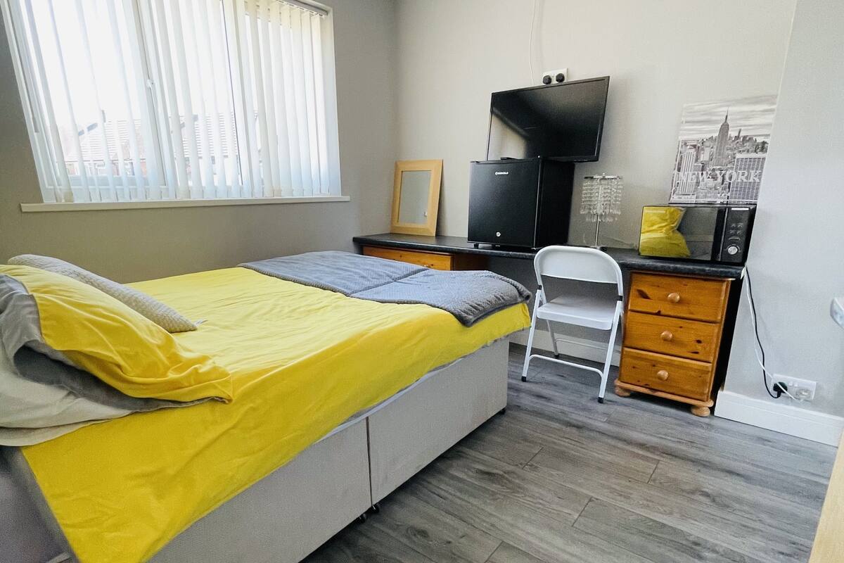 A bedroom with a bed, a desk, a television, and a dresser.