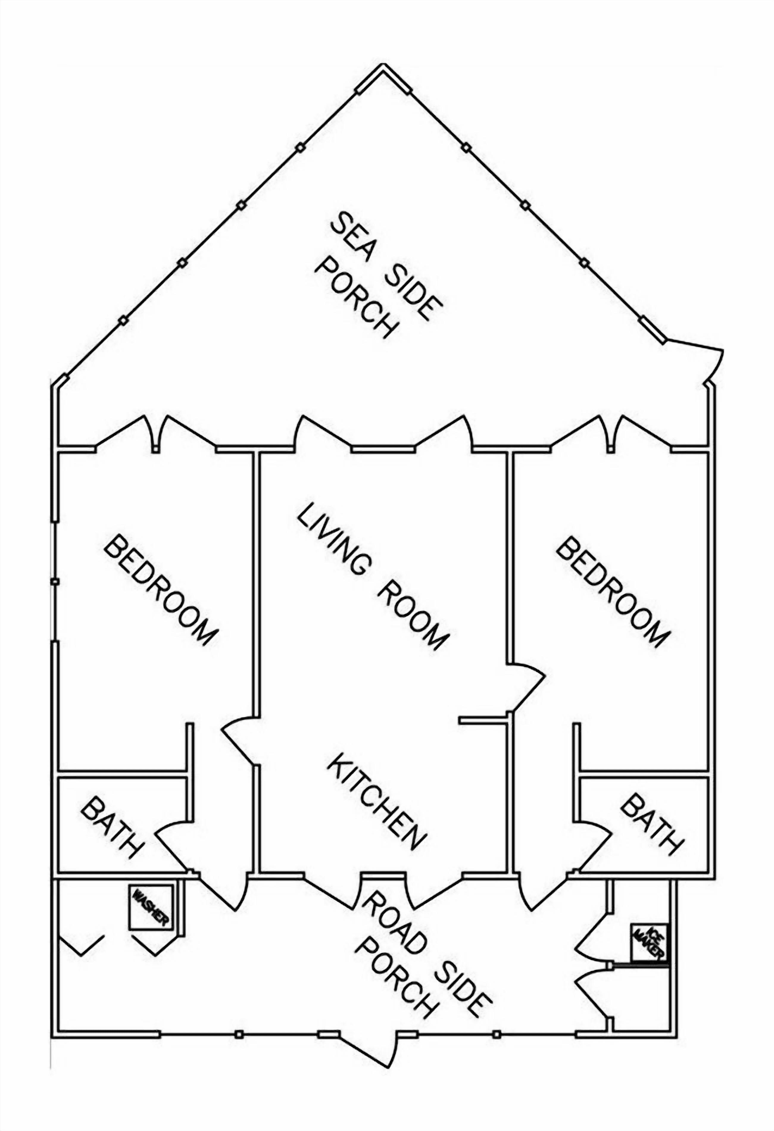 A floor plan with a sea side porch, two bedrooms, a living room, a kitchen, two bathrooms, and a road side porch.