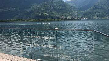 Een glazen balustrade met gegraveerde tekst, een meer en bergen op de achtergrond.