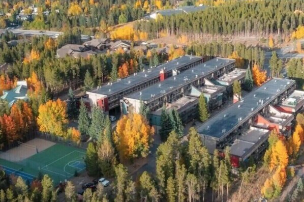 Et luftfoto af en moderne bygning omgivet af tæt skov med efterårsfarver.