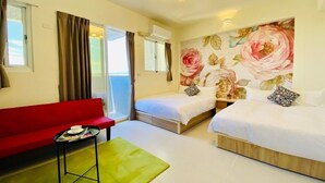 A hotel room with two beds, a red bench, a green rug, and a large floral wall mural. - Mountain Lamb Homestay (Ji'an)