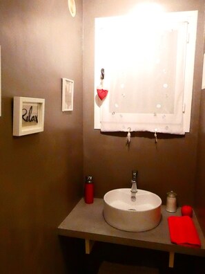 Combined shower/bathtub, jetted bath, hair dryer, toilet paper