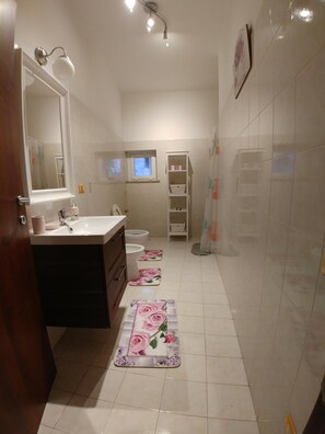 Hair dryer, towels, soap, shampoo