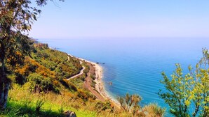Un paisaje costero con una carretera serpenteante, mar azul cristalino y exuberante vegetación.