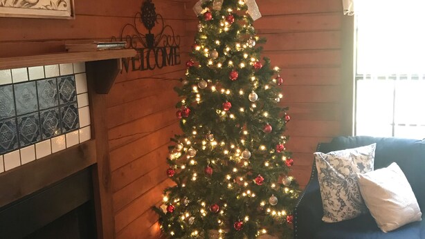 Een gezellige kamer met houten inrichting, een kerstboom versierd met lichtjes en versieringen, een open haard en een blauwe bank met kussens.