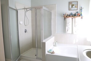 Bathtub, hair dryer, towels, soap