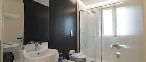Shower, hair dryer, bidet, towels