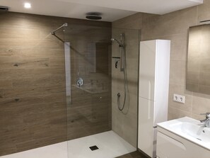 Combined shower/tub, hair dryer, towels