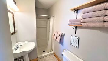 Et badeværelse med vask, toilet, bruser og et håndklædestativ med sammenfoldede håndklæder.
