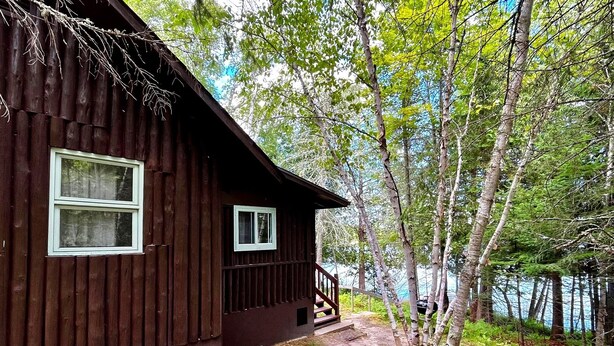 A rustic cabin with two windows and a porch, surrounded by trees and a dirt path.