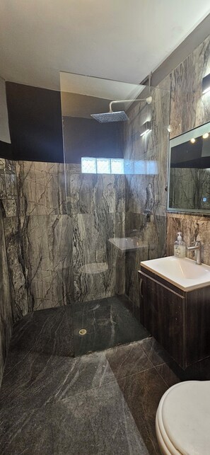 Shower, towels, soap, shampoo