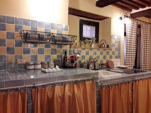 Fridge, stovetop, dishwasher, coffee/tea maker