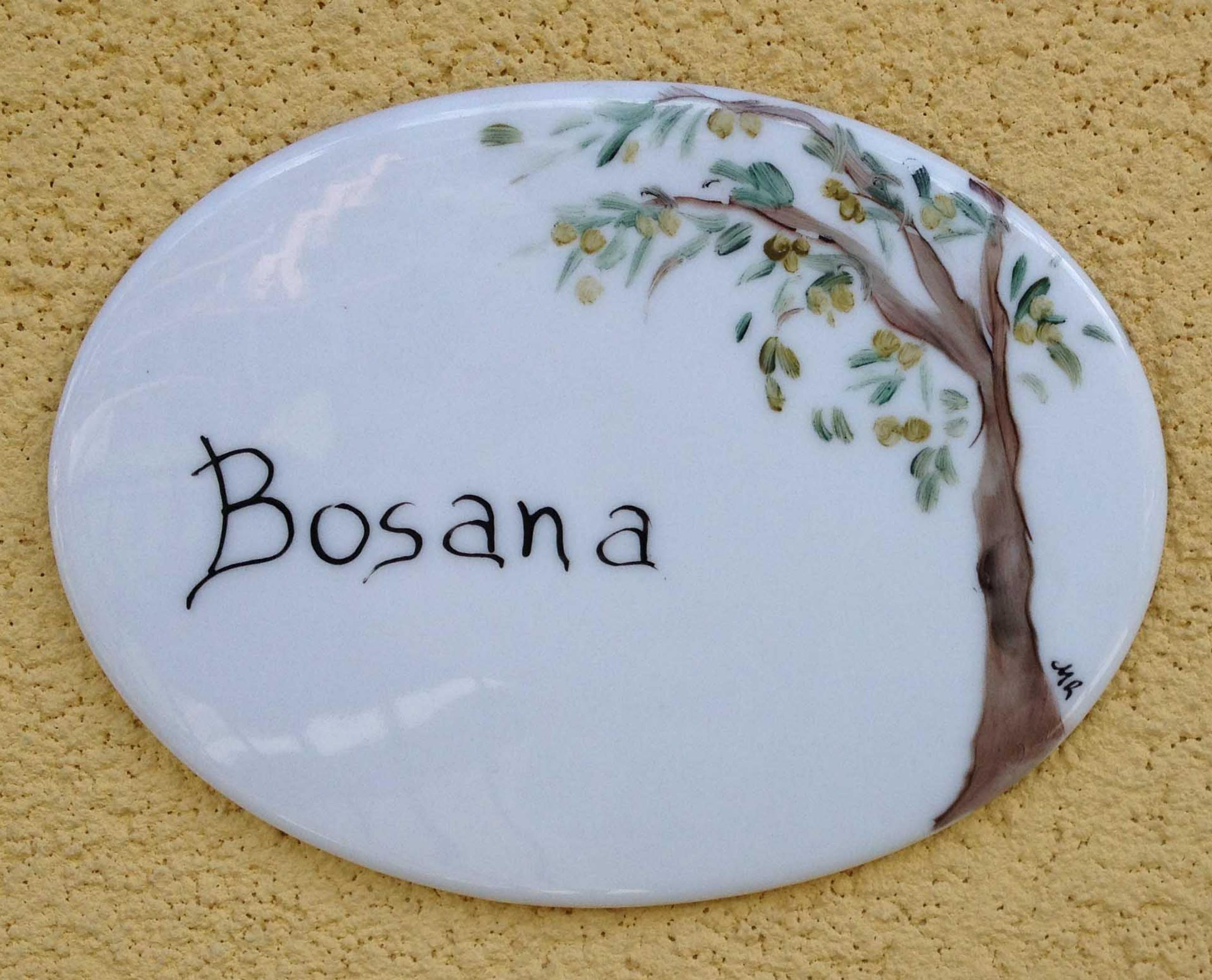 A white ceramic plate with the name "Bosana" and a painted tree design.