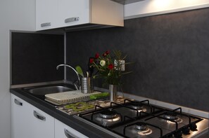 Kühlschrank, Ofen, Herdplatte, Wasserkocher mit Kaffee-/Teezubehör