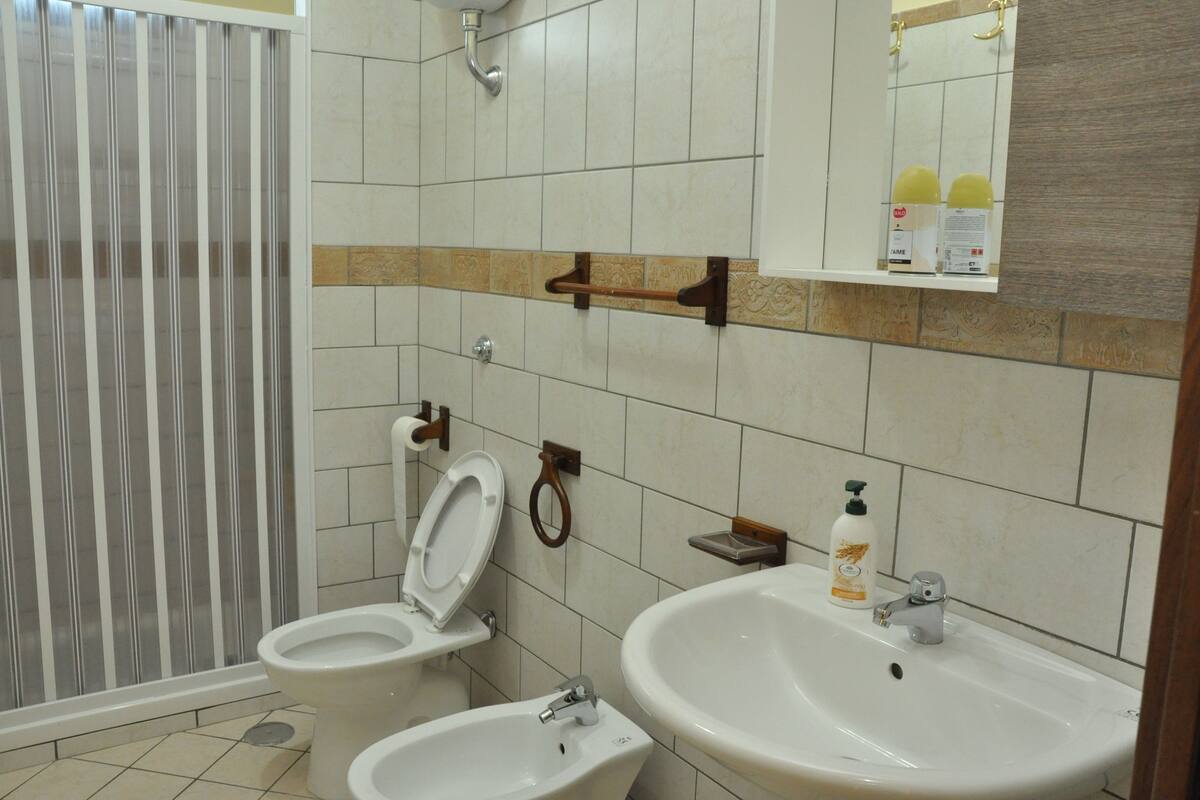 A bathroom with two toilets, a sink, and a shower.