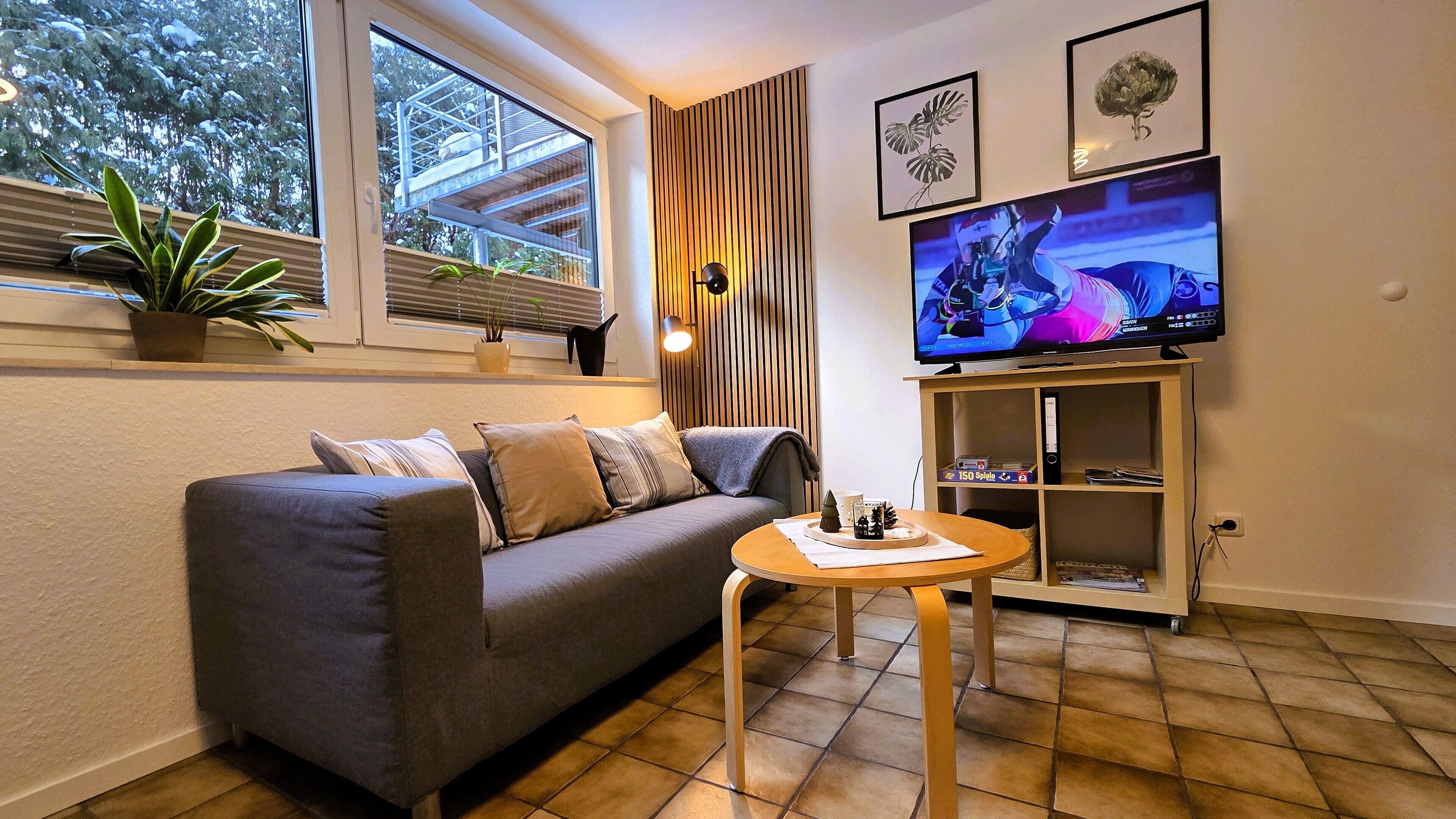 Smart-TV, Tischtennisplatte, Bücher, Stereoanlage