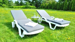 Two outdoor lounge chairs with cushions, a small table with glasses, and a book, set on a grassy lawn with yellow flowers. - 3 stars: Apartment on the ground floor, also suitable for wheelchair users (Hamburg)