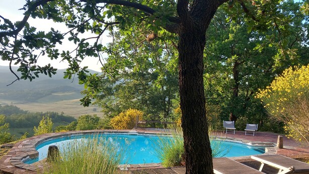 Ein Pool mit Holzterrasse und Liegestühlen, umgeben von Bäumen und Blick auf die Landschaft.