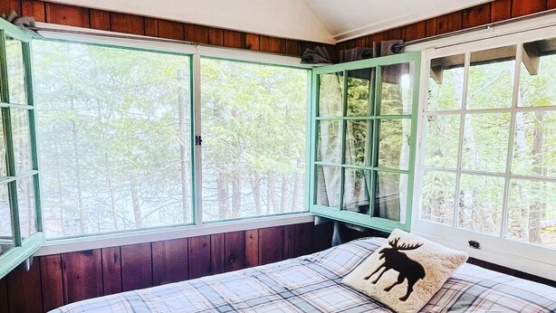Une chambre à coucher avec une couvre-lit à carreaux, un coussin orné d’un motif d’élan et de grandes fenêtres donnant sur la forêt.