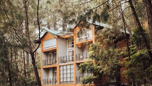 Un puente de madera que lleva a un edificio de varios pisos rodeado de árboles.