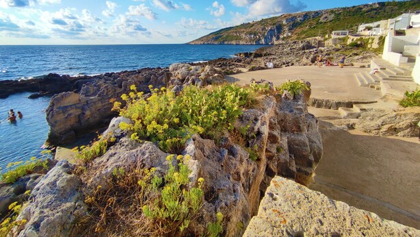 Un paysage côtier caractérisé par un terrain rocheux, un ciel dégagé et une vue sur la mer.