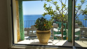 Une fenêtre donnant sur la mer et un pot de fleurs sur un balcon.