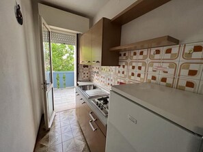 Réfrigérateur, micro-ondes, batterie de cuisine, vaisselle et ustensiles