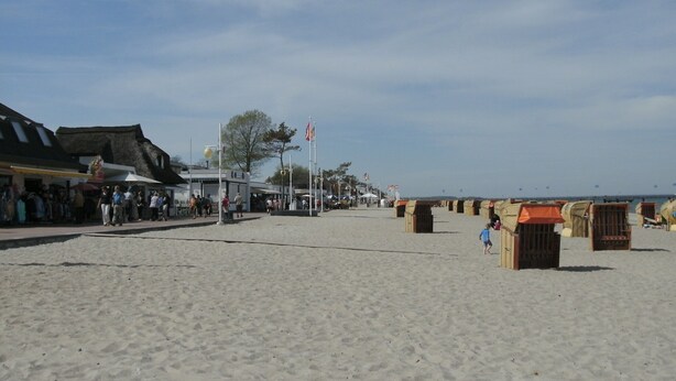 A sandy beach with a row of beach huts and a building with a sloped roof.