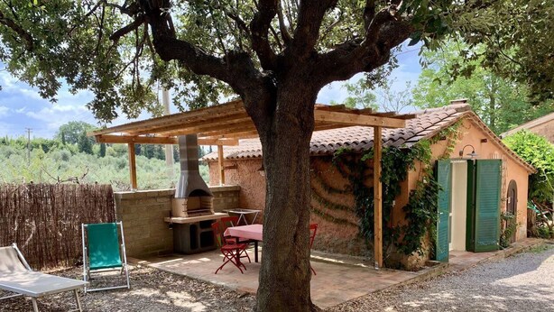 An outdoor patio with a barbecue, seating, and a large tree.