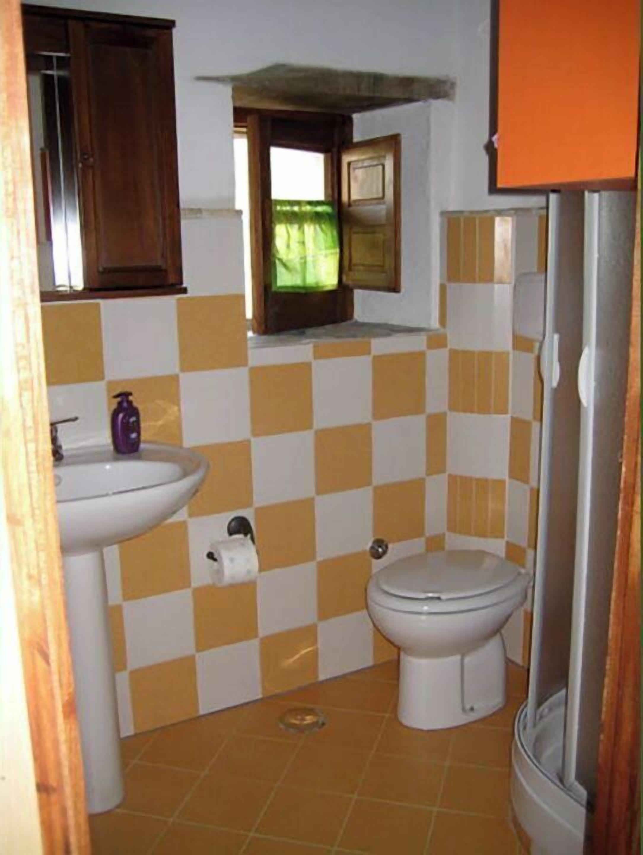 Un baño con lavamanos, inodoro y ducha.